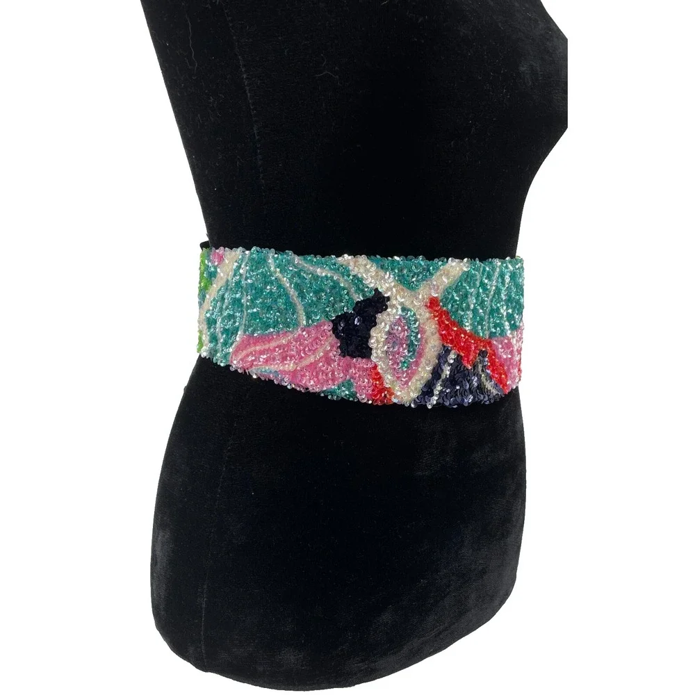 Vintage La Mendola Agosto Mod Art Hand Beaded Multicolor Pure Silk Chiffon Belt